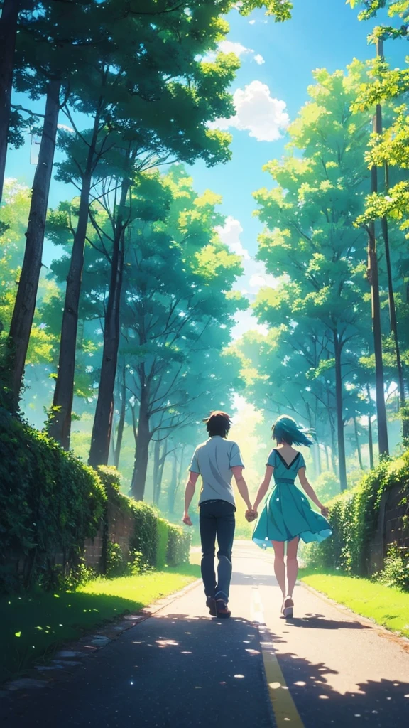 A couple in anime style holding hands walking in blue sky, surrounded by green trees, Makoto Shinkai inspired, light white and cyan colors, movie poster with colorful animation stills, shining clouds and water droplets, sunshine style --ar 3:4 --v 6.0