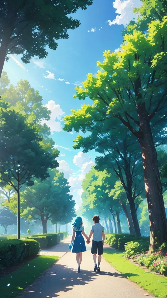 A couple in anime style holding hands walking in blue sky, surrounded by green trees, Makoto Shinkai inspired, light white and cyan colors, movie poster with colorful animation stills, shining clouds and water droplets, sunshine style --ar 3:4 --v 6.0