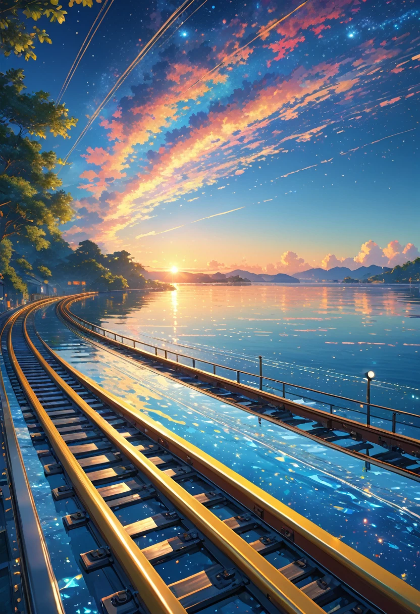 score_9, score_8_upper, score_7_upper,(((A train running on water))),beautiful海,Sunken rail,(((Angle from the front))),One-point perspective,(((Blue overall color))),summer,horizontal line,Morning Glow,Starry Sky,Streaks of Light,(masterpiece, Highest quality, Highest quality, Official Art, beautifull, beautiful:1.2,Ray Tracing),Very detailed,Blue tones,Very detailed, (Fractal Art:1.3), Most detailed, High resolution, Impressive visuals, (Dynamic Stripes, Light trail:1.2), Vibrant colors ,Detailed Images