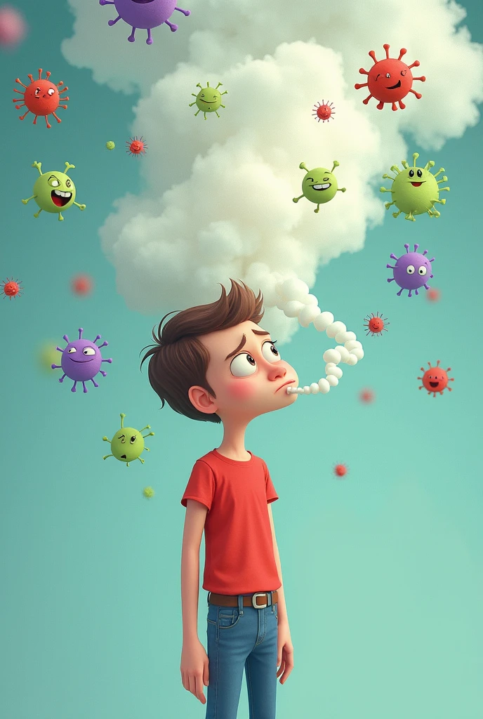Realistic image of a person with clear smoke coming out of their mouth representing their bad breath and several germs around them .the image is creative, colorfully, several details
.The environment is clear