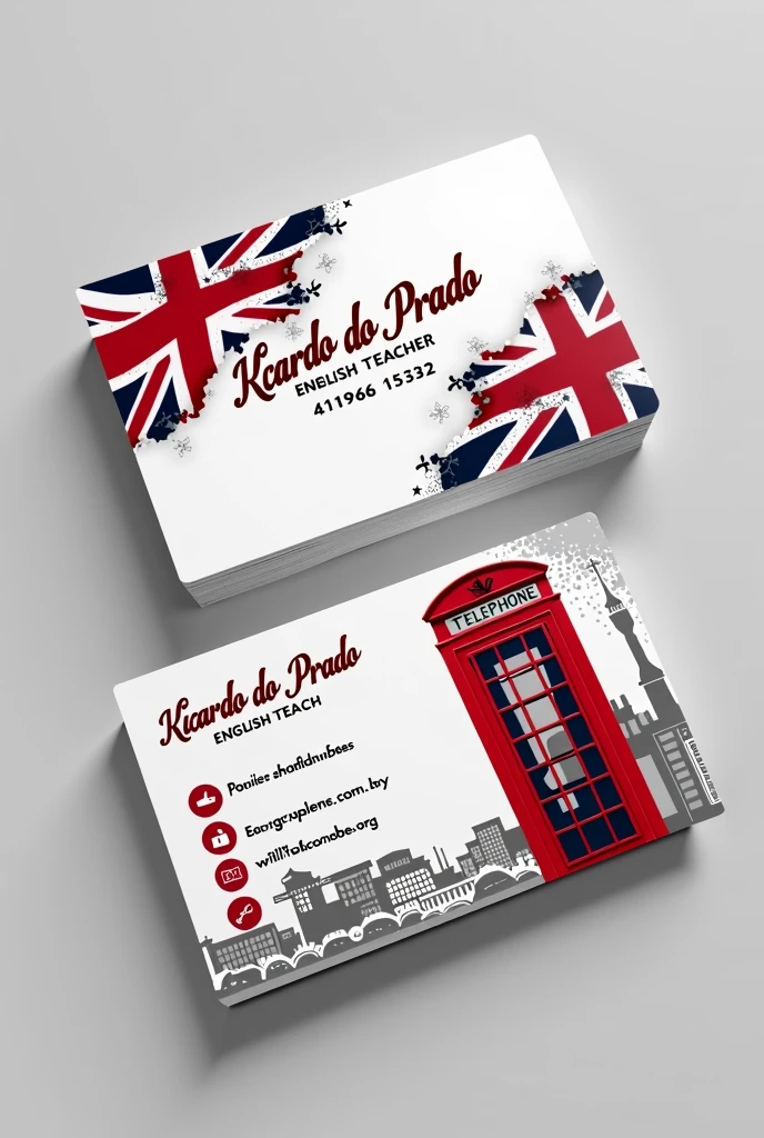 Please, create me a business card for an English teacher, British and American, with the name of : Ricardo do Prado and the telephone : 41995615232 with online and in-person classes.
