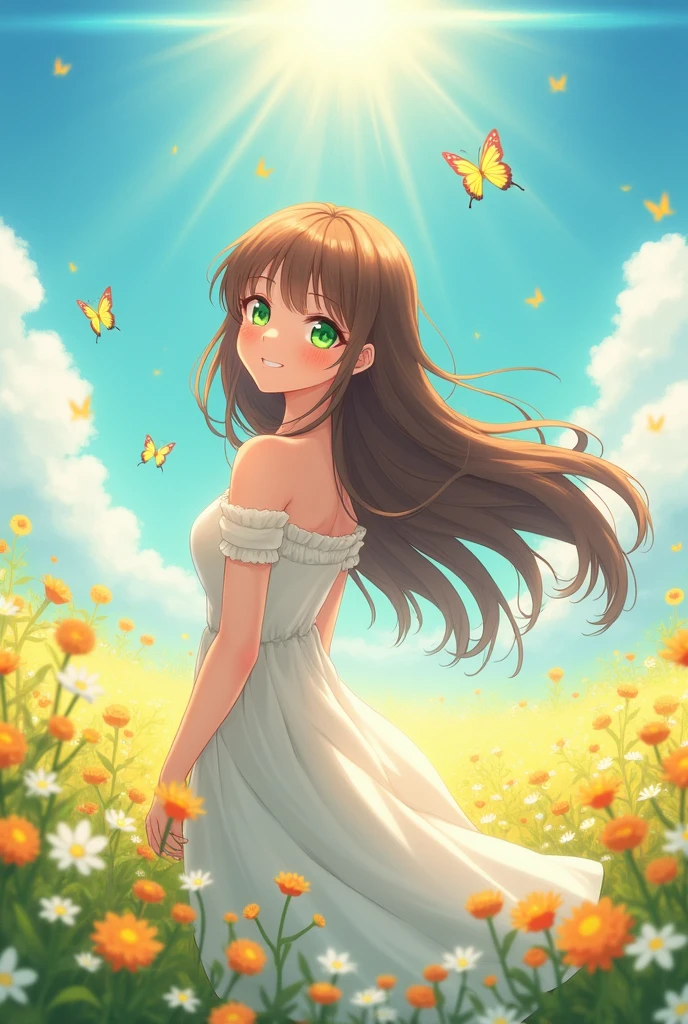 Brown Hair、30-year-old female、long、Green Eyes、White dress that covers the shoulders、anime、Flower Field、Bright expression
