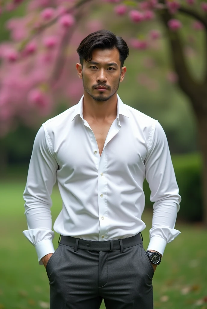 Asian man, 38years old, Handsome and elegant, Wearing a uniform, sexy , Masculine and handsome，musculous，Muscles look good，hairy bodies, with fair skin, 黑The eye（thin eyes 1：3), Full body photo,(ultra-detailed, photorealistic, best quality, 4k, 8k, highres, masterpiece:1.3), a mature man, charming and distinguished , (muscular build body), wearing tailored shiny white dress shirt, with the top button casually undone, perfectly fitted charcoal trousers, sweat, unbutton buttons shirt, lewd face ,tight chest, sex,See-through shirt, erotic, horny, look straight, Accessories include a luxury wristwatch, understated cufflinks, and a simple yet elegant leather belt, in the park ‎,looking at viewer,muscle veins,

