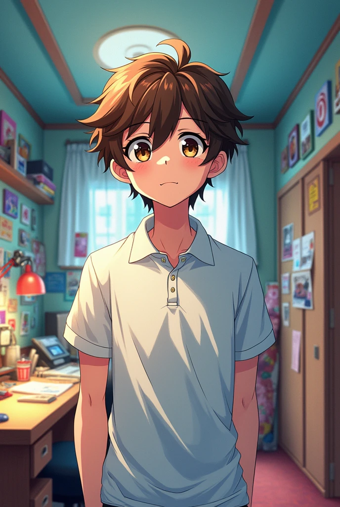 A teen with a brown hair and eyes with a good jawline wearing a white polo  seeing his dopple ganger in his room and talking to it while being shocked (anime version)