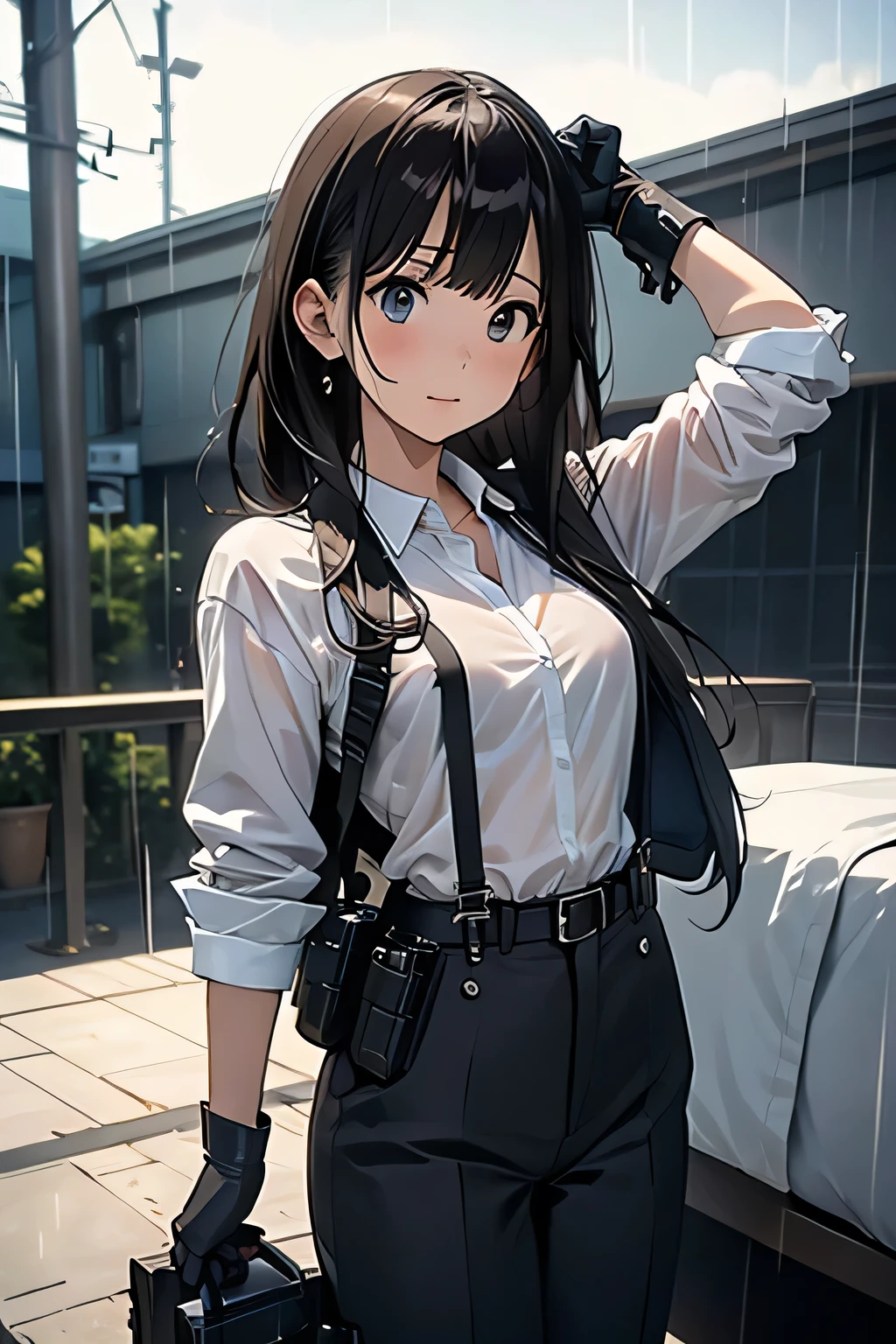 1 female, , high quality, masterpiece, Ultra-high resolution, , Cinema Lighting, , , And the suspenders with the cranes flying Large Breasts Small face holster Lying in bed Looking up Sweat belt summer 脇Sweat Black Hole Gloves suit shirt Black jacket Black trousers Leg Links ズボンにbelt holster Hands behind your back Anxious expression Looking up Anxious face, legs apart Armament Cable ties レッグholster holster See-through clothing heavy rain Getting wet in the rain