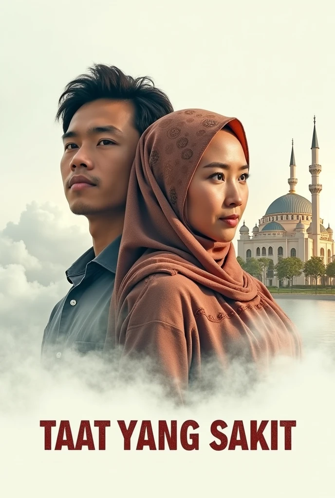 a film poster entitled "TAAT YANG SAKIT" shows 3 characters, 2 young Indonesian man and ung indonesian woman wearing a patern hijab with a white cloud background, a mosque building on the right and a luxury house on the left., cinematic, poster, photo