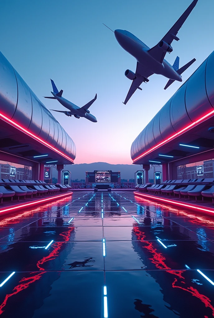 I need two planes as background,In the middle is the electronic music stage,Futuristic,Technology,A stage that feels like an airplane,No need for people,Realistic rendering,The stage is real,Executable