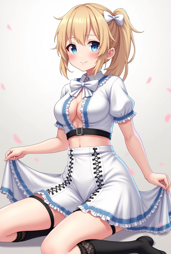 nsfw, masterpiece, 4k, high definition, high quality, best quality, ultra detailed, detailed beautiful eyes, detailed beautiful face, beautiful detailed hands, beautiful detailed legs, photorealistic, magnifique view, 2D, (cute, kawaii:1.2), captivating animated illustration depiction, perspective, (digital art, fantasy: 1.2) BREAK 1 girl, solo, spread legs, white hair ribbon, (smile, blush:1.2), BREAK Wearing a kawaii fashion outfit, outfit features a (unbuttoned blouse: 1.2) with blue lace trim and a large bow at the collar, (no bra, show nipples, exposed breasts, exposed nipples, areola, Exposed Back: 1.2), BREAK The Blouse is wearing a white high-waisted skirt with lace-up details, (lift up skirt, Open Crotch Lingerie, show white intricate lace panties, cameltoe: 1.3), (The Person is also wearing black knee-high socks with lace top, garter belt, garter straps: 1.2), The overall look is cute and elegant, BREAK light blond hair, (side tail:1.3),
