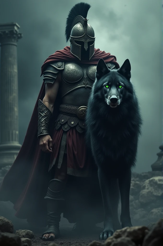 A Sparten with wolf in an dark athmosphere with his helmet on