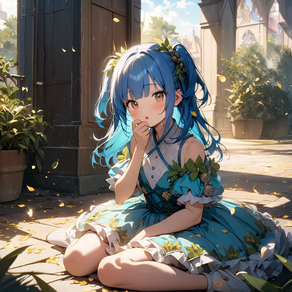 1 idol,solo,16yo,wearing floral ball gown,ultra-detailed face,detailed eyes,brown eyes,blunt bangs,blue hair,two side up,fragrant olive hair accessory,wariza,looking at viewer,sleepy,yawning,hand over own mouth,parted lips,rim light,out doors Countryside of fragrant olive tree,(petals:1.3),1 Clock tower,highly detailed illustration,masterpiece,8K,top quality
