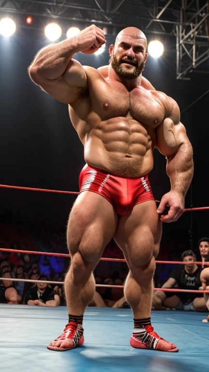 上半身裸の若い日本人男性Professional wrestlerがプロレスリングの中に立っている。
Thick muscles。thick limbs。Shaved Head。No beard。
日本人の太った男性Professional wrestlerは青いビキニパンツを着ている。
日本人の太った男性Professional wrestlerはリングシューズを履いている。
whole bodyが見えるStanding posture。The background is professional wrestling。
Sunburned skin。
Smooth Skin。
A symmetrical Japanese face。The gentle expression of a Japanese person。Japanese people have round and small faces。smile。Thin eyebrows。single eyelid。Small eyes。Kind eyes。round and large nose。Small Mouth。
Low - Angle。Standing posture。whole body。Professional wrestler。
Highest quality。Entirely in sharp focus、Highest photo quality。