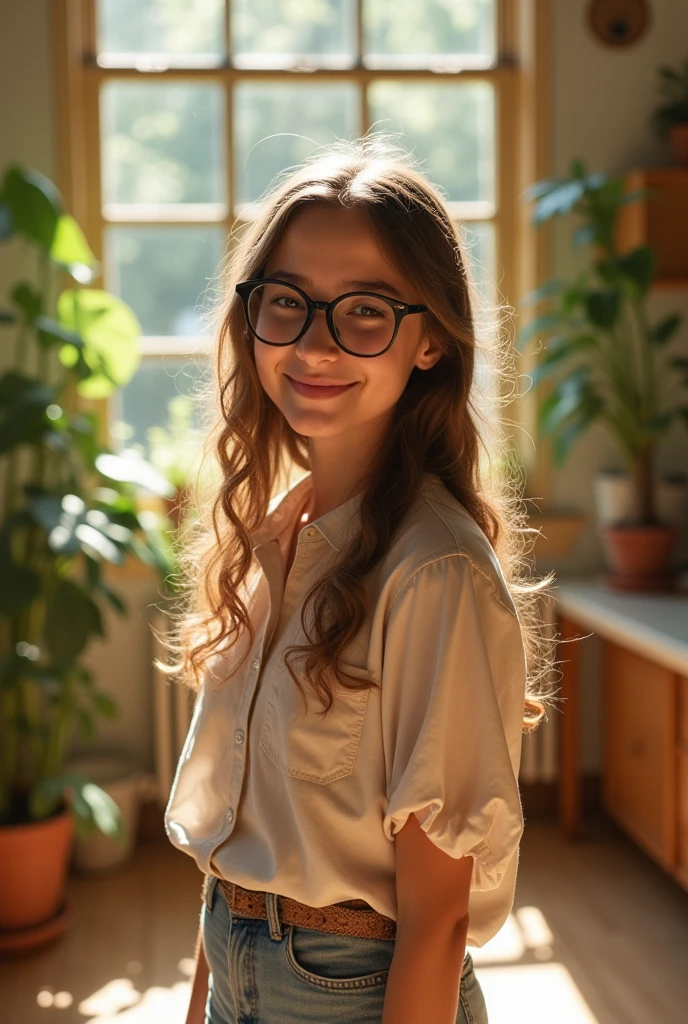 Beautiful sexy dark blonde girl with glasses, smiling, full body, topless, small breasts, small tits, perfect face, high resolution
