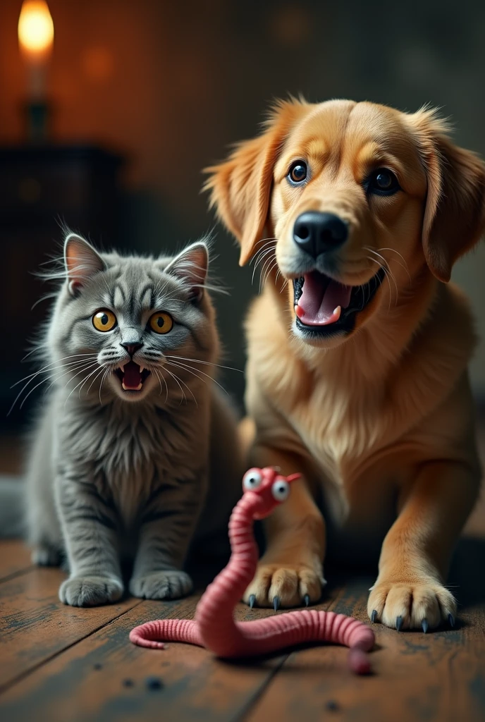 create something that is combing real photos of surprised animals (cat y dog) and then placing a Tim Burton-looking heartworm between them. cartoonist, but something scary. Or you can make something that looks more like a real-life 3D representation..