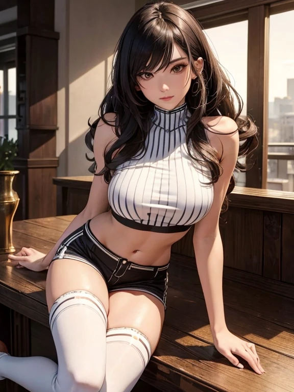 Best Quality, ultra high resolution, 32k, hyper realistic, ultra-detailed, Very detailed CG 8k wallpaper, detailed background, landscape, Beautiful Lighting, Perfect Lightning, Realistic Shadows, perfect anatomy, anatomically correct, ideal ratio body proportions, perfect figure, Perfect Style, Perfect balance, super Detailed skin, 23 years old, double d breasts, very Slim body, narrow waist, handsome detailed woman, very detailed eyes and face, realistic face proportions, Realistic beautiful face, Realistic beautiful eyes, full body shot, very huge round , medium hair, asymmetrical hair, wavy hair, indoor, crop top, shorts, striped thigh high socks