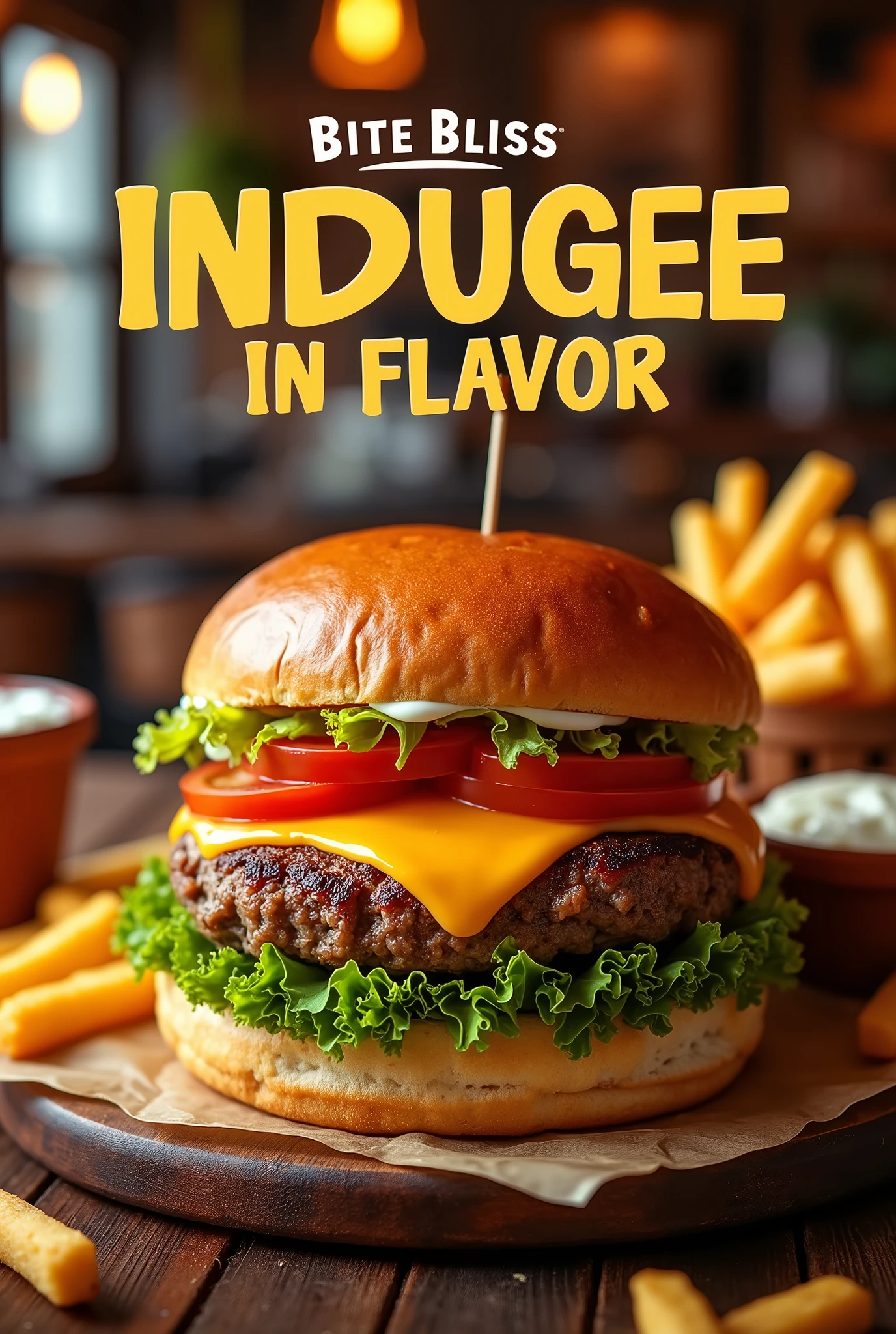 Please provide me a design for food advertisement poster with a brand and a title realistic
