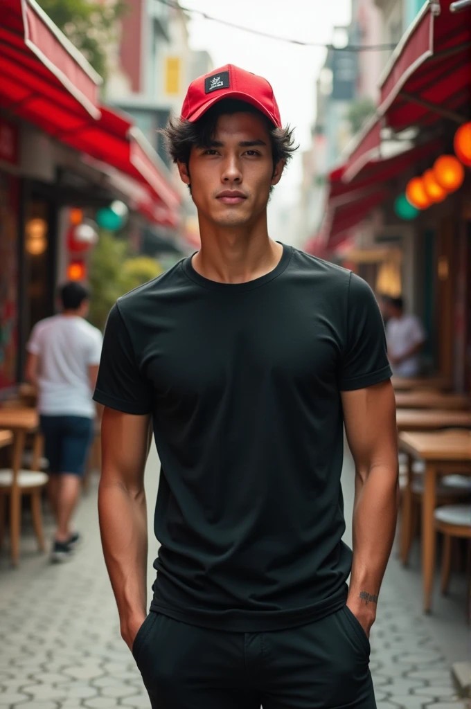 Make me a male character with a red cap, black shirt, black pants