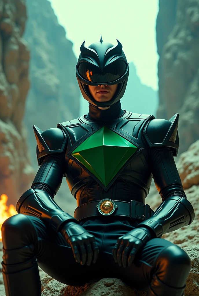 Johnny Yong Bosch male
American actor Mighty morphin power rangers Adam park in his black power ranger suit sitting down on with his helmet on