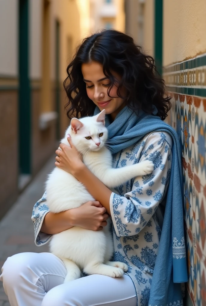 A young lady ,a bit healthy,slightly curly hair, black hair, wearing a white trousers, blue and white designed tunic,a blue floral scarf, holding a white beautiful cat , sitting in a small corridor 