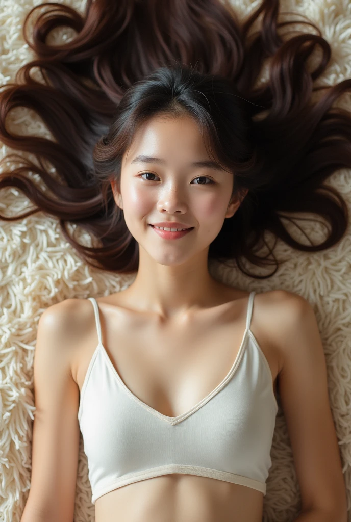 Beautiful, asian younger , laying on carpet, perfectly silky hair, wearing very short skirt, ((top down view))