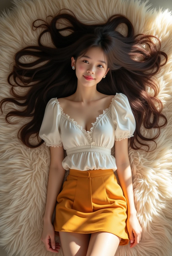 Beautiful, asian younger teen, laying on carpet, perfectly silky hair, wearing very short skirt, ((top down view))