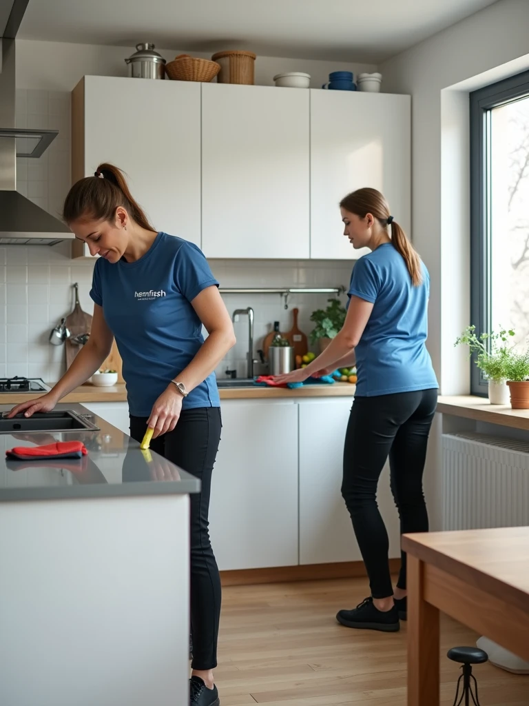 Create a wide, photorealistic 4k panoramic image of two cleaning ladies in their 40s years old and of European descent, wearing a blue t-shirt with the 'HEMFRESH' logo and black pants. One of the cleaners is focused on cleaning a countertop and the other is cleaning a cabinet in the kitchen that is of Scandinavian design. The dirty kitchen is characterized by its modern appearance and careful design, with white cabinets, stainless steel appliances and a beautiful wood-colored kitchen island. The image must not have fruits