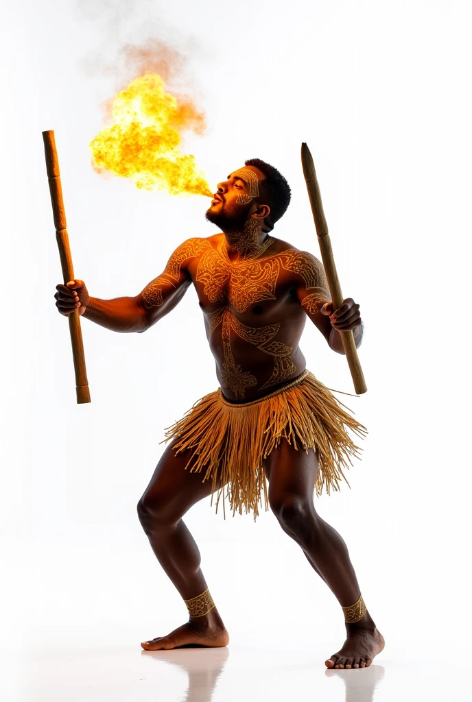 drawing of a man from the front, spitting fire with body paint on top, with a straw skirt, and wooden sticks in both hands, dancing maculele, with white image background