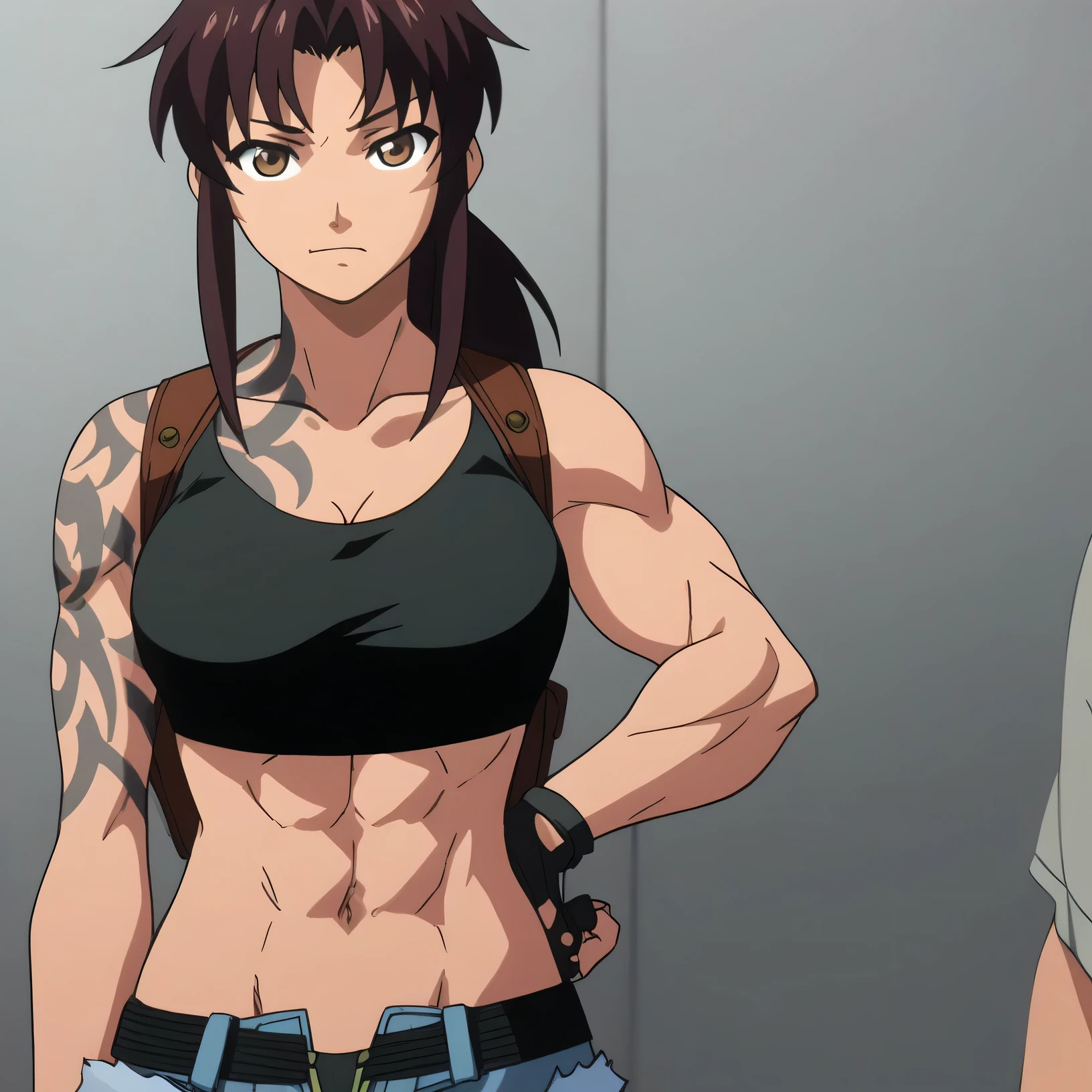 anime screencap、score 9、score 8 up、score 7 up、Source Anime、Anime coloring、break 1woman、solo、revy、Black Hair、ponytail、Brown eyes、Strong muscles、Right shoulder tattoo、Black sports bra、Muscular and strong、Off the shoulder、Big Breasts、Cleavage、A woman with very large breasts、Tall Woman、abdomen、belly button、Toned body、Short shorts、sports bra with an black、Unbuttoned fingerless gloves、Muscular Woman、Are standing、