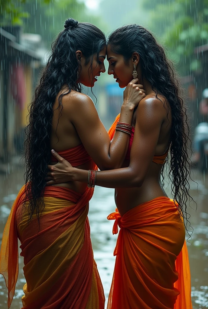 Two beautiful indian women age 30 sexy figure long hair very big breast hair pulling fighting grinding bodies together slapped each other face angry stare each other in rain mud wearing saari