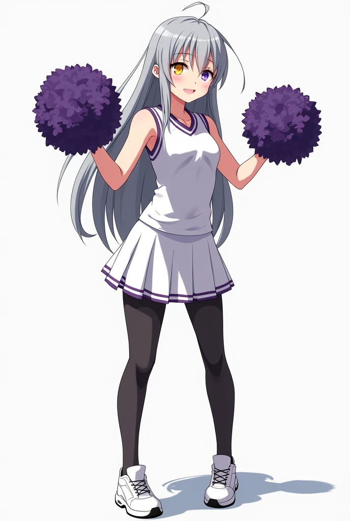 1girl, bangs, black pantyhose, breasts, cheerleader, grey hair, heterochromia, holding, leaning forward, long hair, looking at viewer, medium breasts, pantyhose, pom pom \(cheerleading\), purple eyes, shirt, skirt, solo, white background, white skirt, yellow eyes