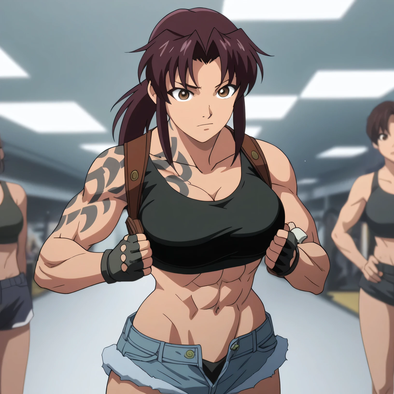 anime screencap、score 9、score 8 up、score 7 up、Source Anime、Anime coloring、break 1woman、solo、revy、Black Hair、ponytail、Brown eyes、Strong muscles、Right shoulder tattoo、Black sports bra、Muscular and strong、Off the shoulder、Big Breasts、Cleavage、A woman with very large breasts、Tall Woman、abdomen、belly button、Toned body、Short shorts、sports bra with an black、Unbuttoned fingerless gloves、Muscular Woman、Are standing、