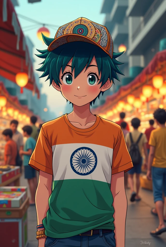 Create a anime character wearing India tshirt and a cap
