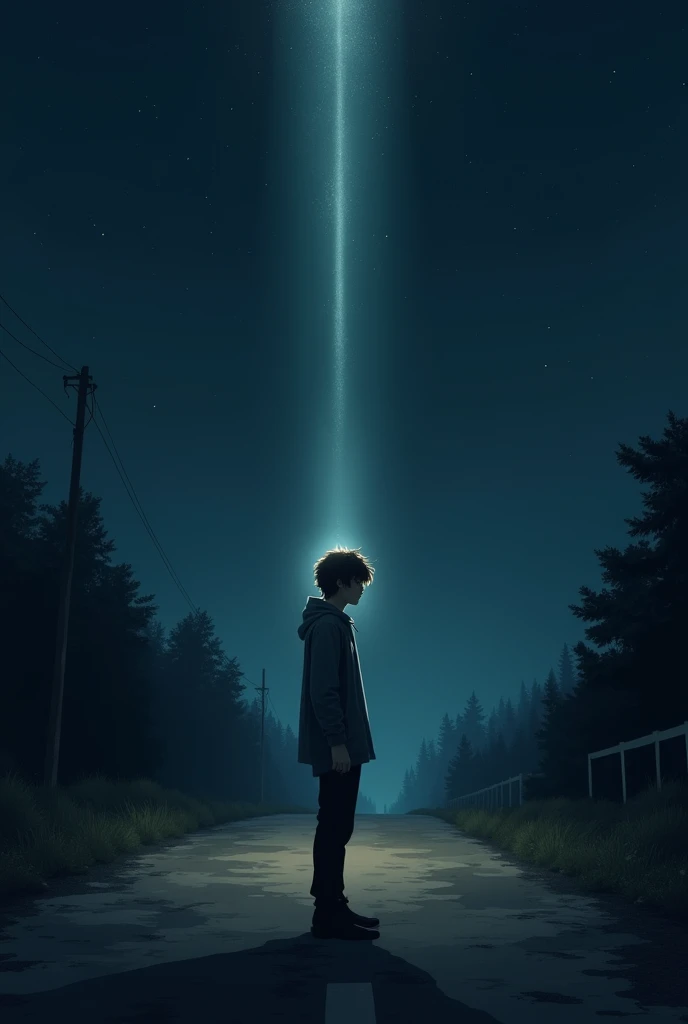 I want a song art cover of the creation with illustration a guy was standing on a road at night 4am full of darkness surrounded him and a one light focus on his head