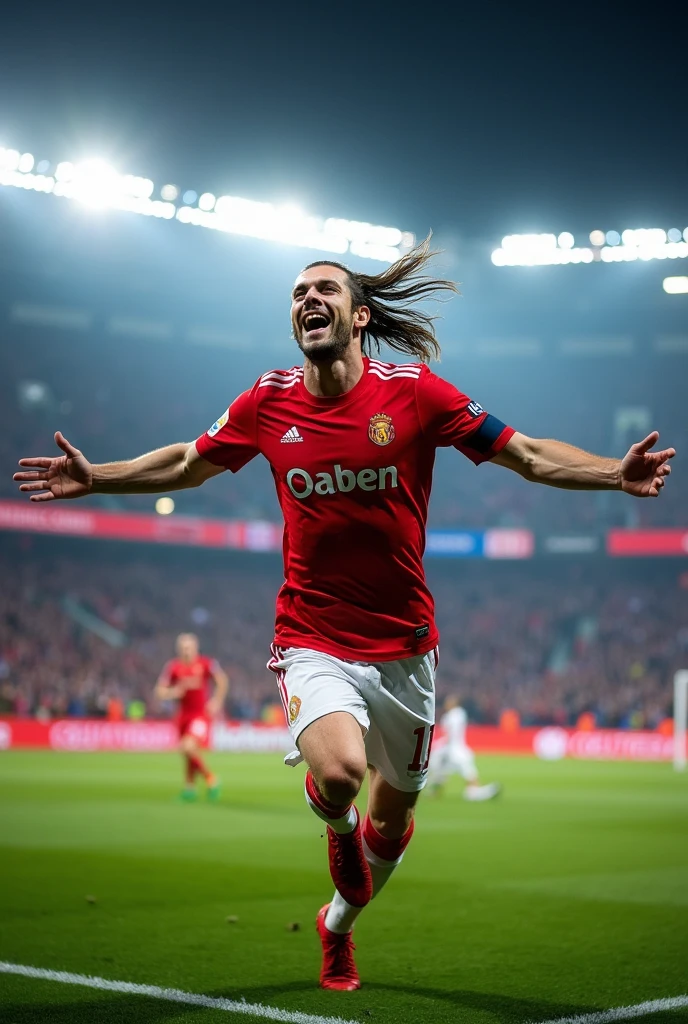 an image of Gareth Bale celebrating running with his arms open and his long hair and wearing the red captain's armband and looking at the camera wearing the number 11 shirt after scoring in the 2018 UCL final