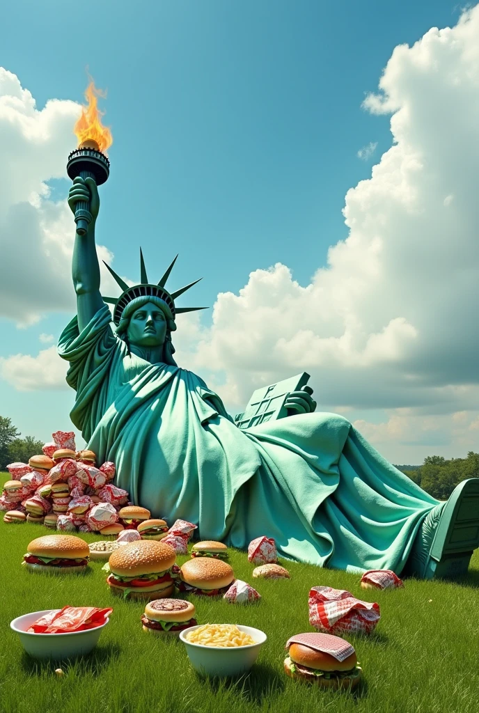 Fat Statue of Liberty Lying down Don't carry a torch nipples protrude 50 hamburgers Eat 100 bowls of ramen