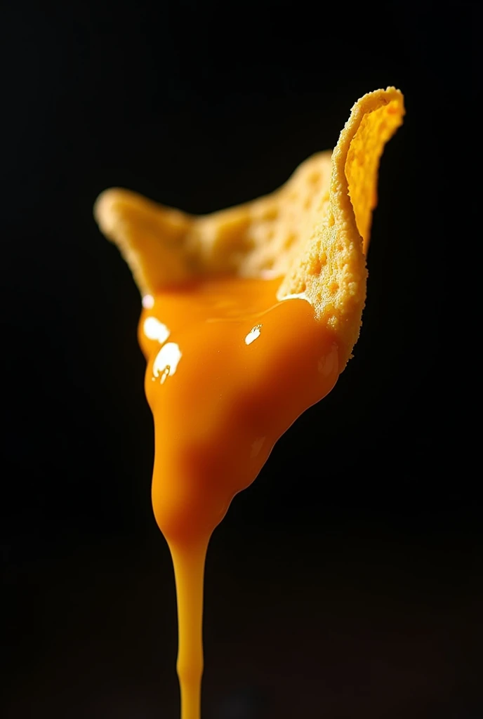 A poster with One piece of nacho with dripping cheese with dark theme and black background