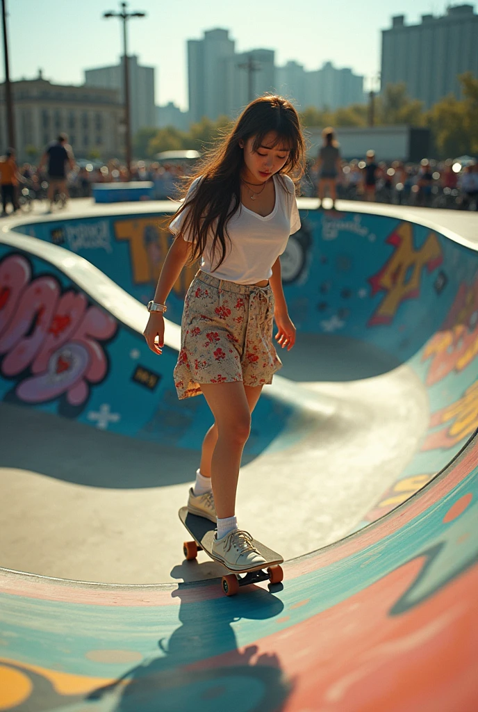 (realistic:1.3) , finely detailed, quality, (masterpiece:1.2) , (photorealistic:1.2) , (best quality) , (detailed skin:1.3) , (intricate details) , ray tracing, dramatic, 1 girl, (cute korean Ethereal Female), (film grain:1.2), Skate park, Skateboard ramps, Graffiti, Half-pipe, Rails, Skaters, Bikes