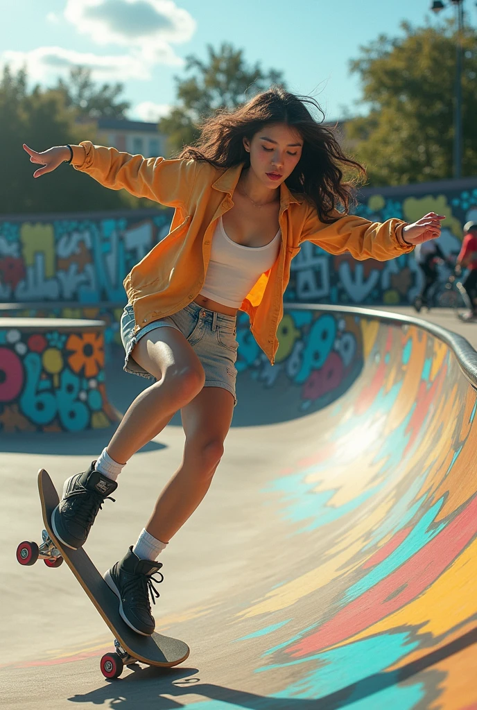 (realistic:1.3) , finely detailed, quality, (masterpiece:1.2) , (photorealistic:1.2) , (best quality) , (detailed skin:1.3) , (intricate details) , ray tracing, dramatic, 1 girl, (cute korean Ethereal Female), (film grain:1.2), Skate park, Skateboard ramps, Graffiti, Half-pipe, Rails, Skaters, Bikes