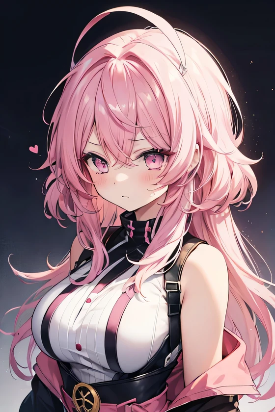 girl, cute anime girl, angry, pink hair, long hair, messy hair, pink eyes, blushing, girl, big tits, beautiful hair style, (((Best Quality: 1.4)))
