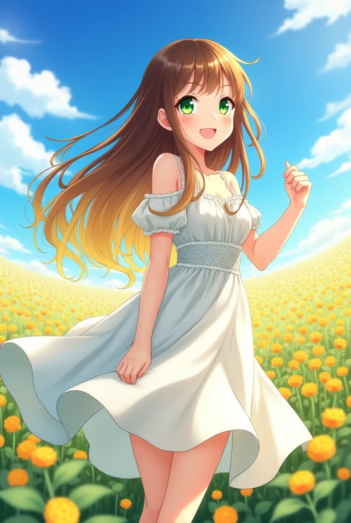 Brown and yellow gradient hair、30-year-old female、long、Green Eyes、White dress that covers the shoulders、anime、Flower Field、Bright expression