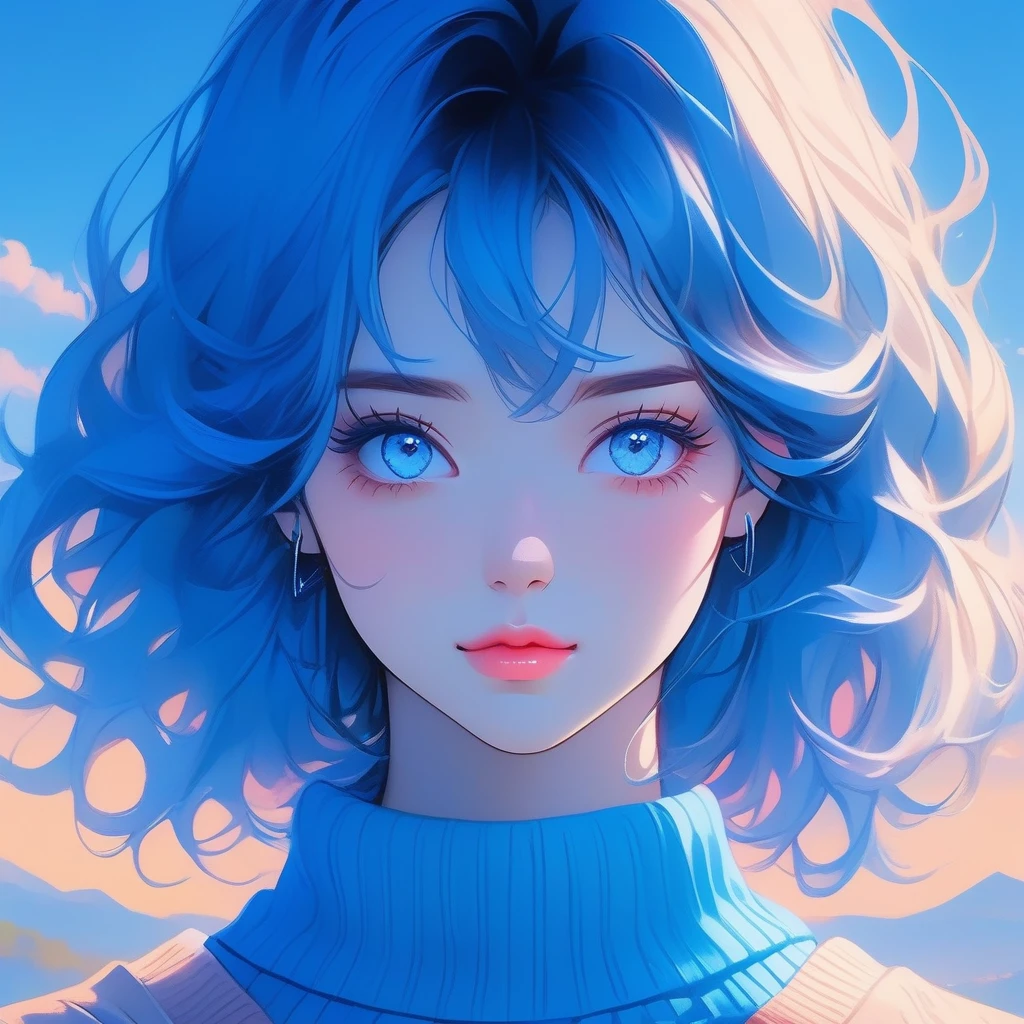 a beautiful detailed anime girl, long blue neon hair, wearing a textured sweater, in a realistic sketch style, on a blue neon background, (best quality,4k,8k,highres,masterpiece:1.2),ultra-detailed,(realistic,photorealistic,photo-realistic:1.37),extremely detailed eyes and face,beautiful detailed eyes,beautiful detailed lips,longeyelashes,order,canadian