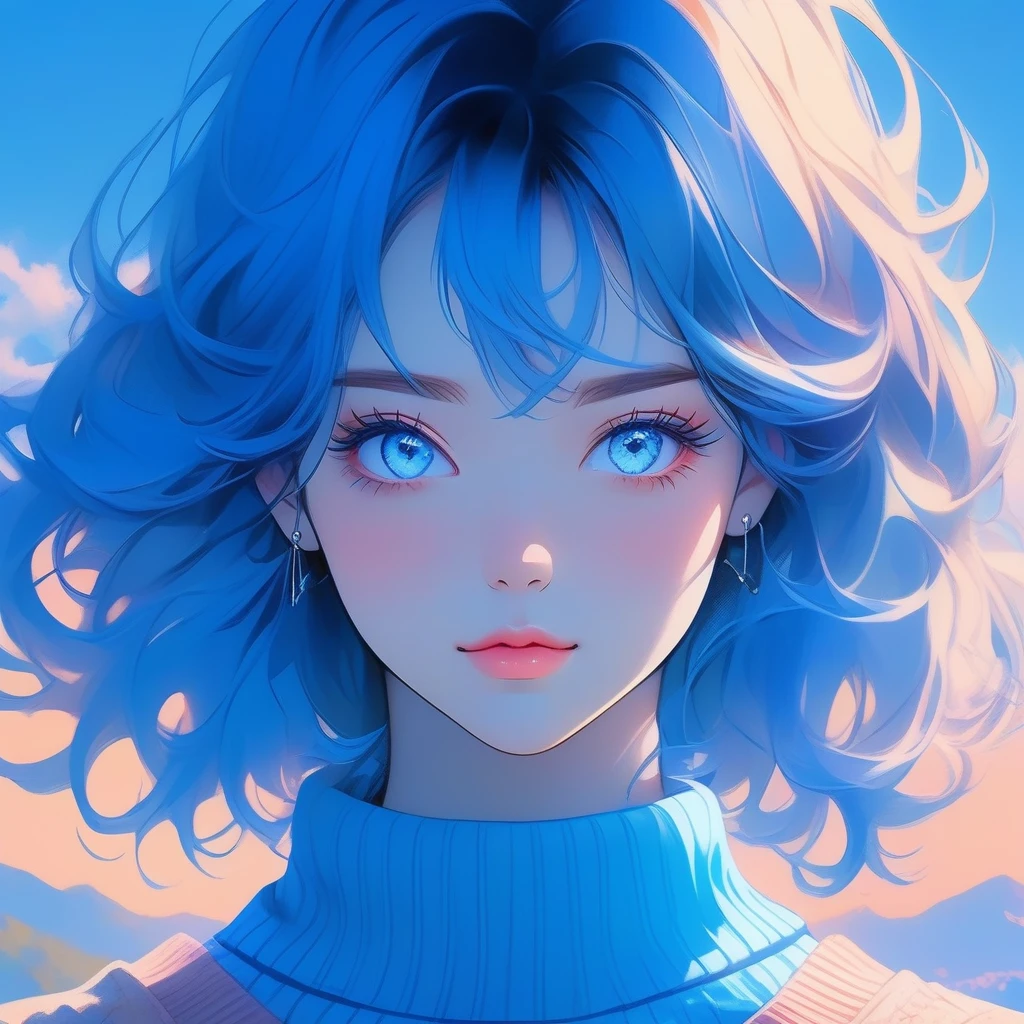 a beautiful detailed anime girl, long blue neon hair, wearing a textured sweater, in a realistic sketch style, on a blue neon background, (best quality,4k,8k,highres,masterpiece:1.2),ultra-detailed,(realistic,photorealistic,photo-realistic:1.37),extremely detailed eyes and face,beautiful detailed eyes,beautiful detailed lips,longeyelashes,order,canadian