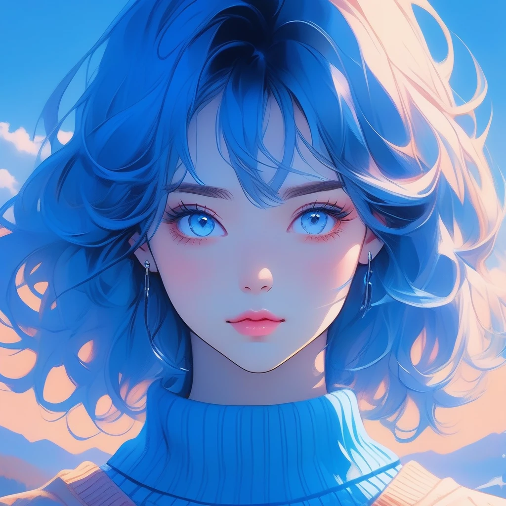 a beautiful detailed anime girl, long blue neon hair, wearing a textured sweater, in a realistic sketch style, on a blue neon background, (best quality,4k,8k,highres,masterpiece:1.2),ultra-detailed,(realistic,photorealistic,photo-realistic:1.37),extremely detailed eyes and face,beautiful detailed eyes,beautiful detailed lips,longeyelashes,order,canadian