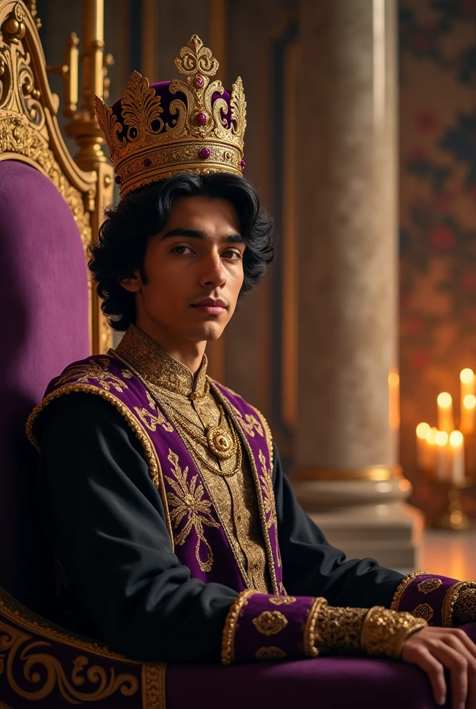 Emperor Asen with a crown. Black hair, brown eyes. 22 years old sitting on a throne