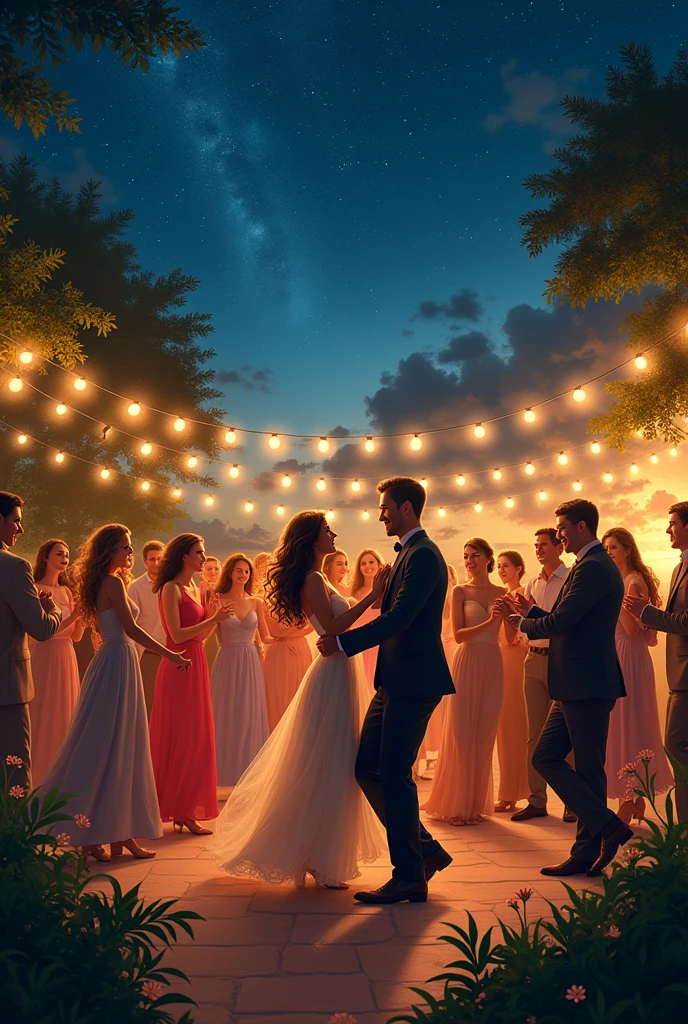 Create a scene of a romantic couple in a virtual reality experience. They are dancing under a starry sky, surrounded by bright lights and a magical atmosphere. The emotional connection between them is so real that they can feel each other's presence, mesmo que estejam fisicamente separados.