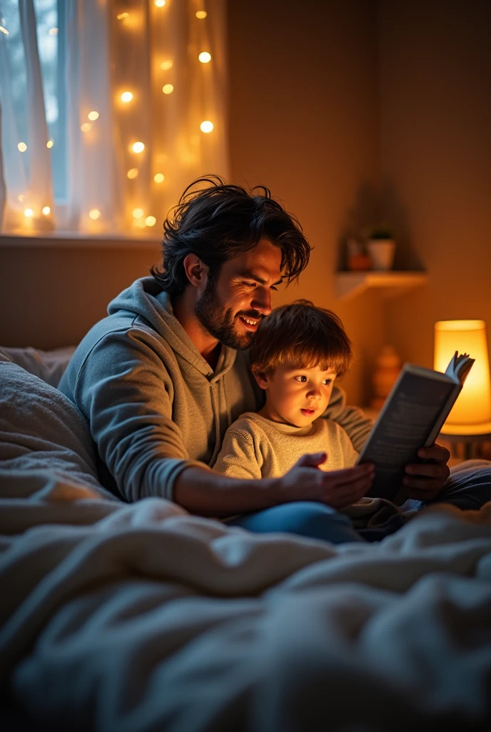 Create an image of a conversation between father and son before bed. The father tells stories, but without using a book