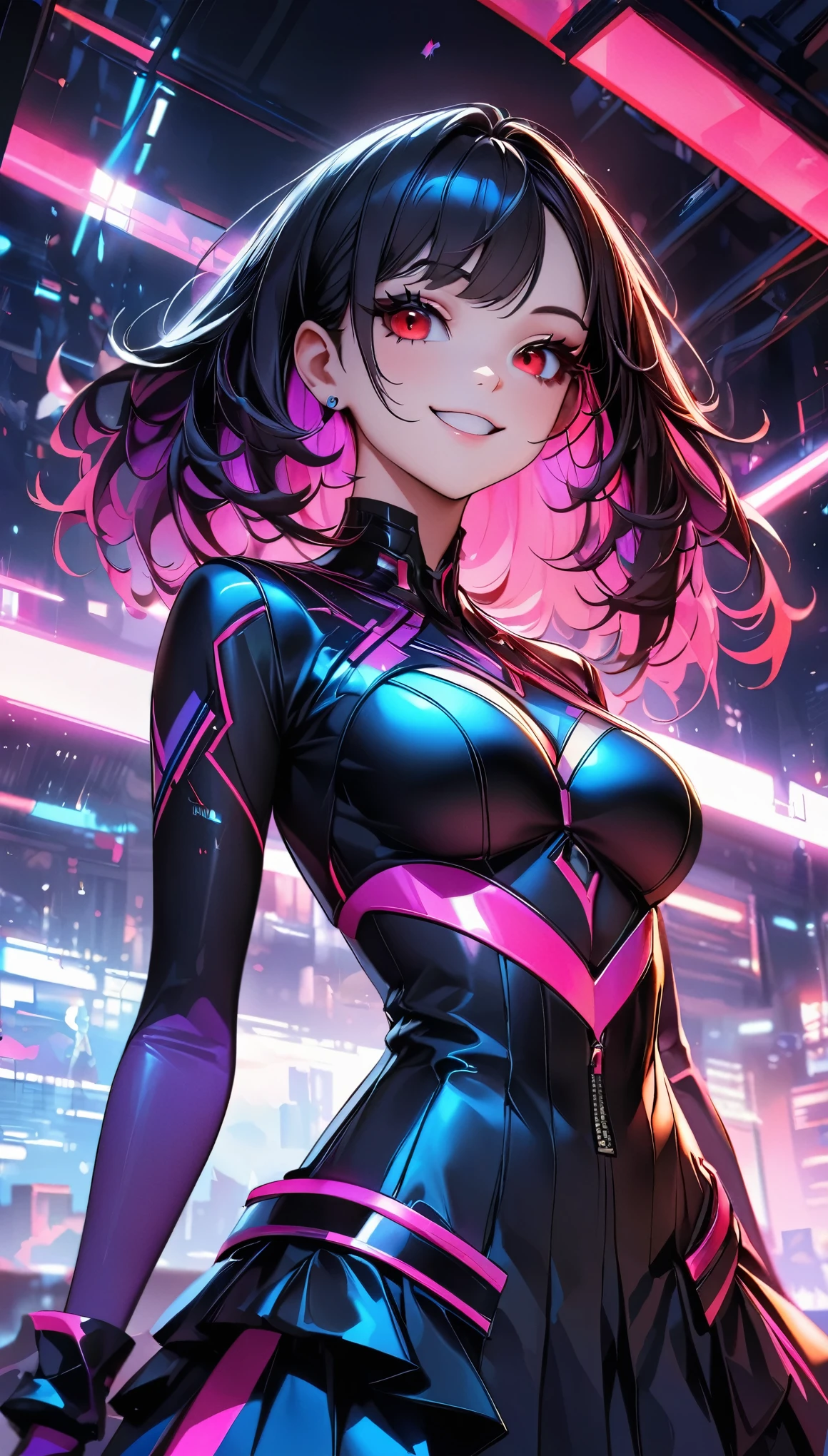 (Highest quality:1.2, Very detailed, up to date, Vibrant, Ultra-high resolution, High Contrast, masterpiece:1.2, Best aesthetics), (((1 person, beautiful girl))), super beautiful, Cyberpunk Style, and young々Beautiful appearance, Futuristic bodysuit with neon accents and glowing circuit patterns, Cybernetic Dress:1.2, Advanced personas created by cutting edge technology companies, The ultimate virtual idol, The concept colors are purple and blue., ((A nasty smile, Beautiful eyelashes, Beautiful red eyes)), Futuristic live stage, Dramatic colors, Chiaroscuro, Bust Shot, Sexy pose.