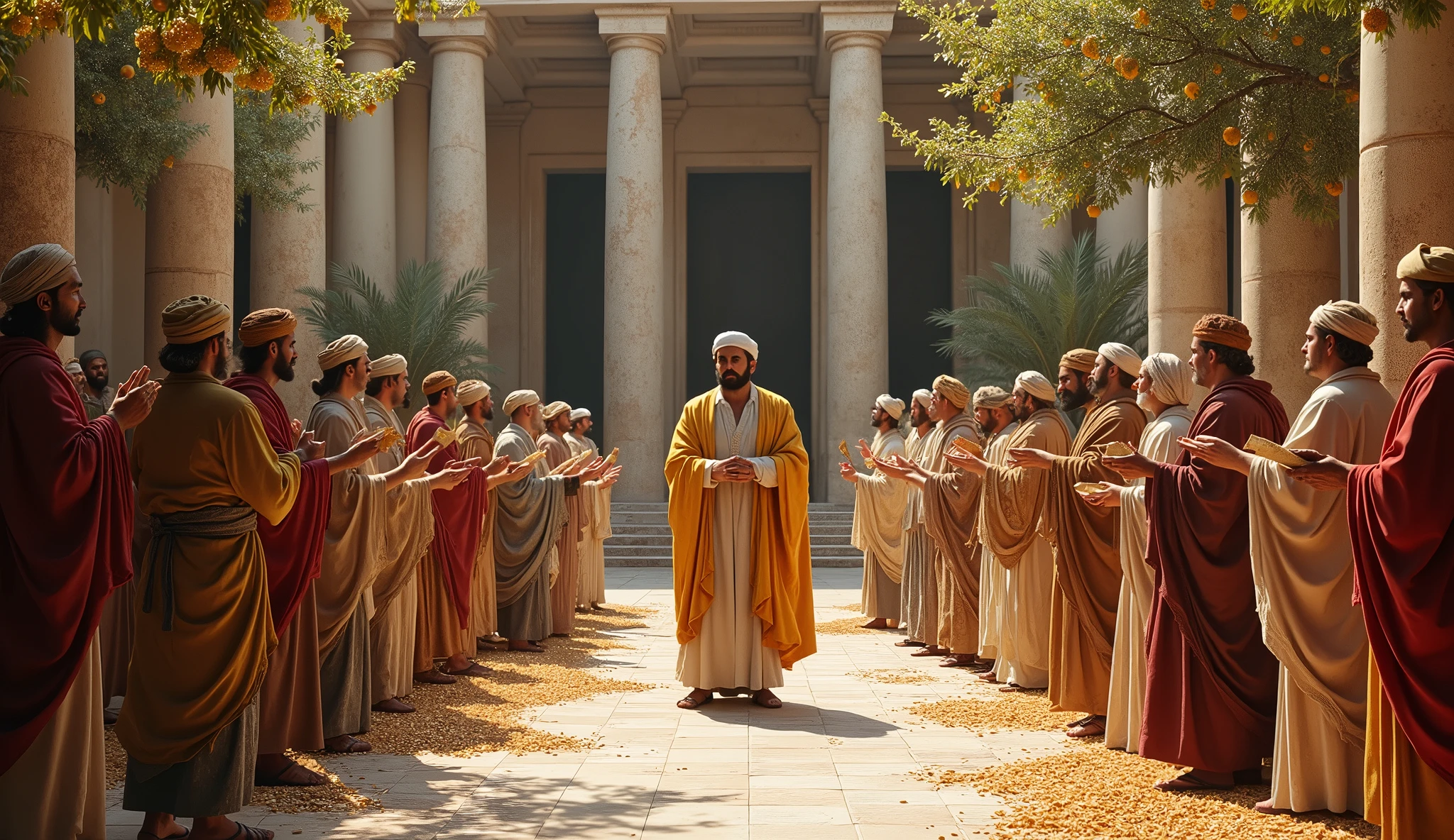 Create a hyper-realistic image of Solomon by organizing a meeting in the courtyard of his palace, where he is seen distributing resources, like sacks of grain and scrolls with teachings, to a diverse group of people wearing typical period clothing. The scene should highlight the detailed garments, like turbans, Cloaks, and sandals, that reflect the different social classes and backgrounds of the people gathered. The courtyard must be decorated with marble columns, ceramic vases, and fruit trees, creating an atmosphere of prosperity and cooperation. The expression on Solomon&#39;s face must convey serenity and leadership., while people around show signs of respect and gratitude.