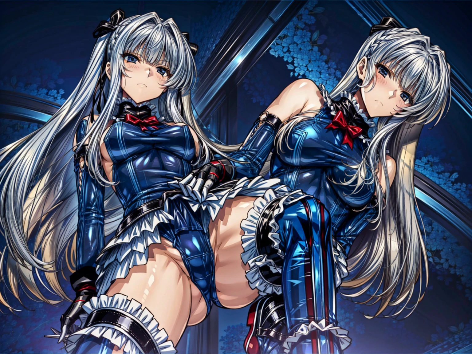Perfect Anatomy, Highest quality, Rose,,Provocative attitude
(Inside a futuristic base:1.1)(Emotionless,Expressionless:1.4),Anime Style,(Frilled swimsuit, Knee socks, Removed sleeve), (Anime Style:1.4) ,(Three Girls:1.5),
Silver Hair,(White fingers:1.1,Black gloves),Very long hair,Evil Aura,(From directly below:1.4),whole body,(Spread your legs:1.2)