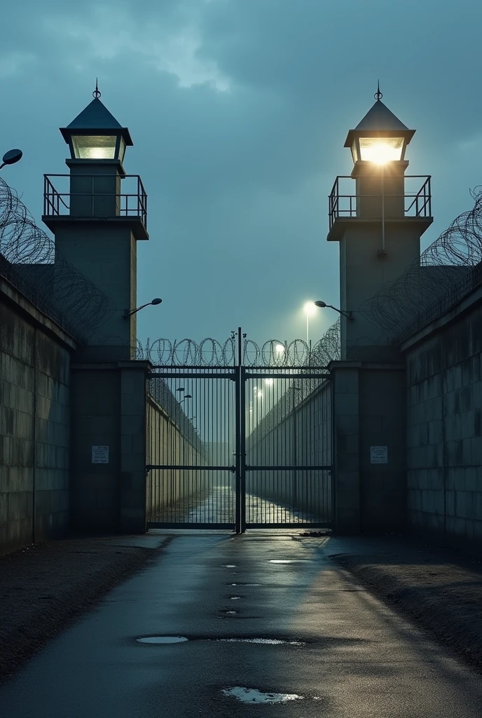 Create a stark and imposing image of Lunes-le-Saunier prison in southern France, where Pascal Payet was kept. The prison should be depicted as a high-security fortress, with tall, thick concrete walls topped with barbed wire, and guard towers overlooking the facility. The scene should convey a sense of isolation and inescapability, with a view of the prison’s entrance gate, reinforced with steel and surrounded by harsh floodlights. The atmosphere should be cold and foreboding, with the prison set against a cloudy, overcast sky, emphasizing the severity and tight security of the facility where Payet was held.