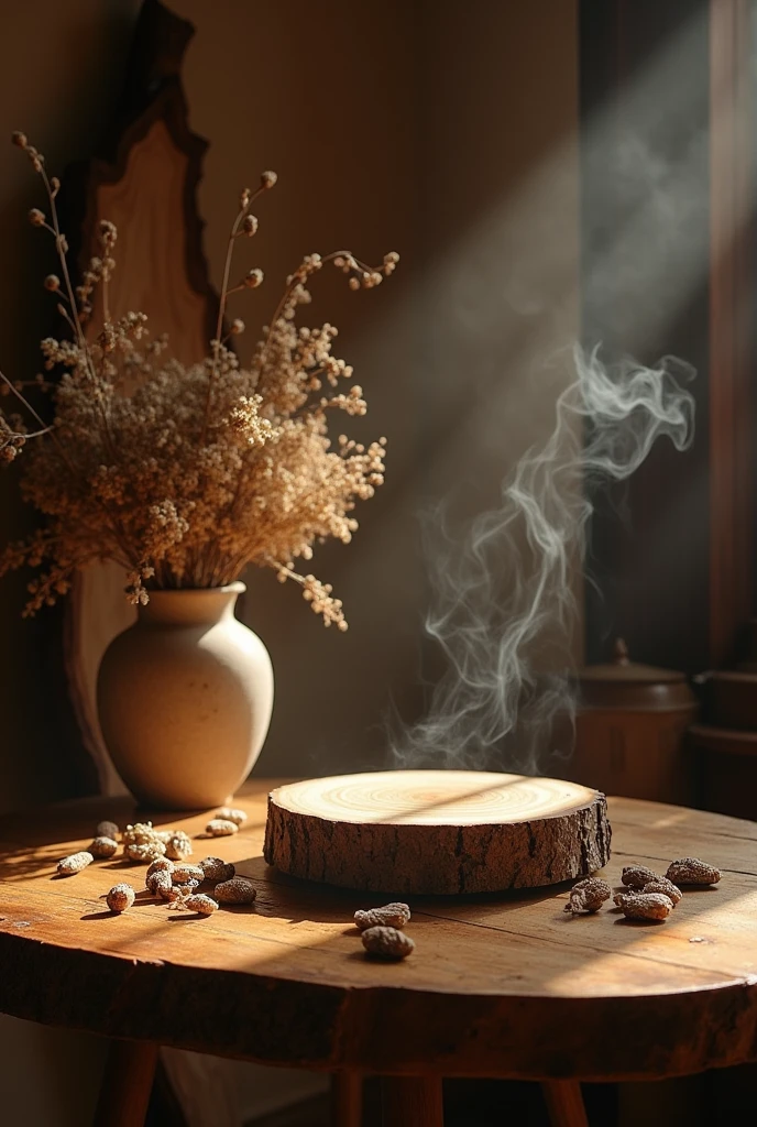 imagine this ya dark brown background and add a wooden table in the front. Add a wooden circle piece on the table and add some dry props. add some natural light in the side and also addsome brown and white floral aroma in a one brown vase. add a natural wood piece and add a smoke in the background